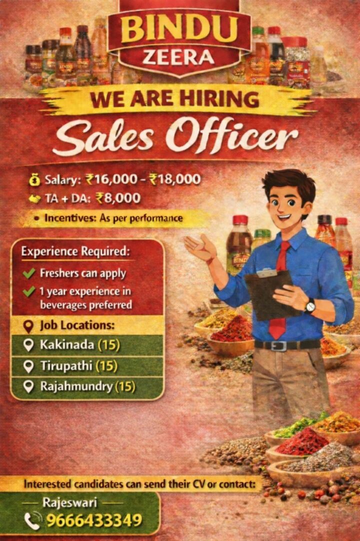 Sales Officer Jobs in Kakinada, Tirupati & Rajahmundry – Bindu Zeera (45 Vacancies)