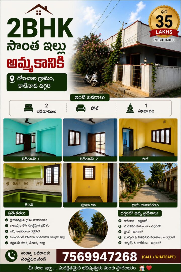 2BHK House for Sale in Gonchala Near Kakinada – 105 Sq Yards East Facing