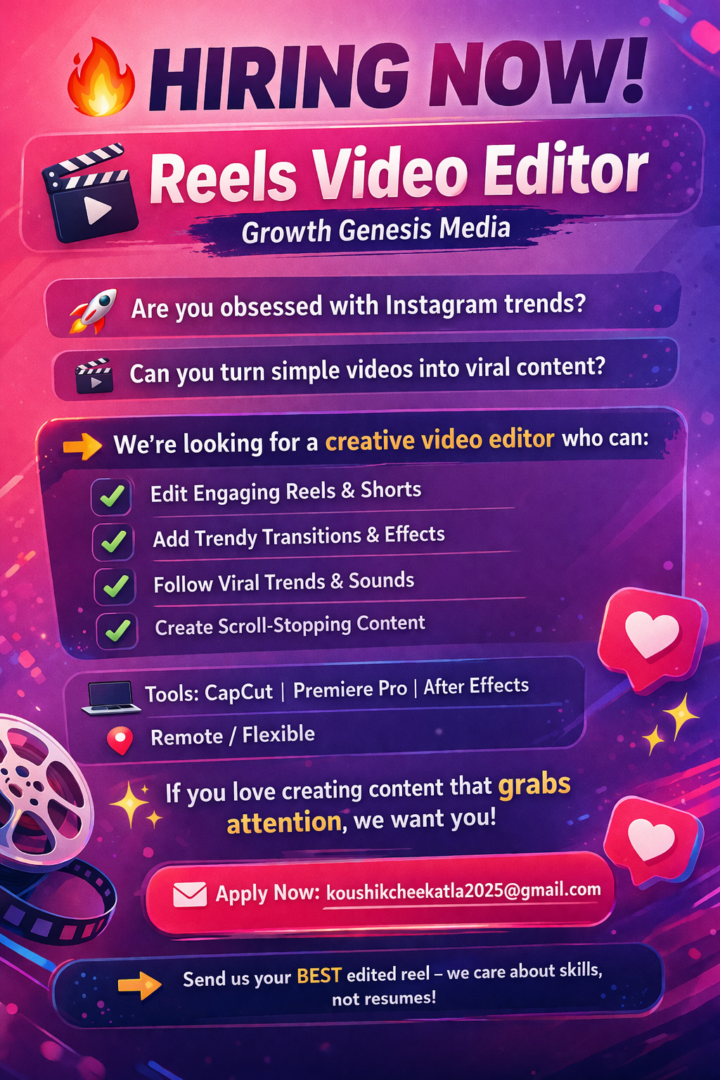 Reels Video Editor Jobs (Remote/Flexible) – Growth Genesis Media Hiring Now