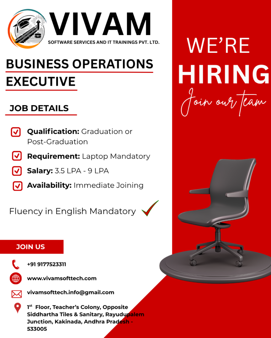 High Salary Business Operations Executive Jobs in Kakinada | Vivam Software Hiring (Up to 9 LPA)