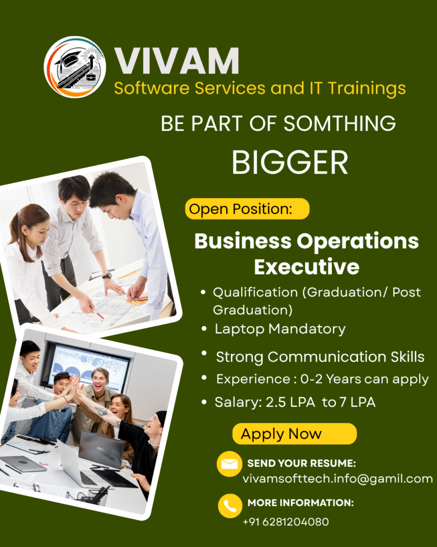 Business Operations Executive Jobs in Kakinada | Vivam Software Hiring (2.5–7 LPA)