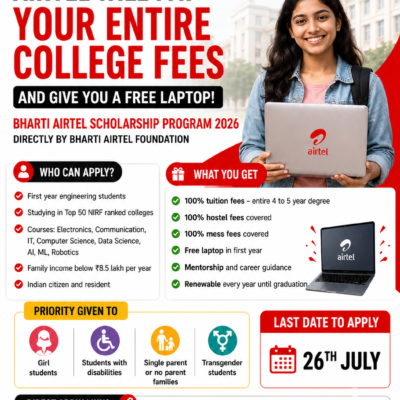 Bharti Airtel Scholarship Program 2026 – Full College Fee Support & Free Laptop