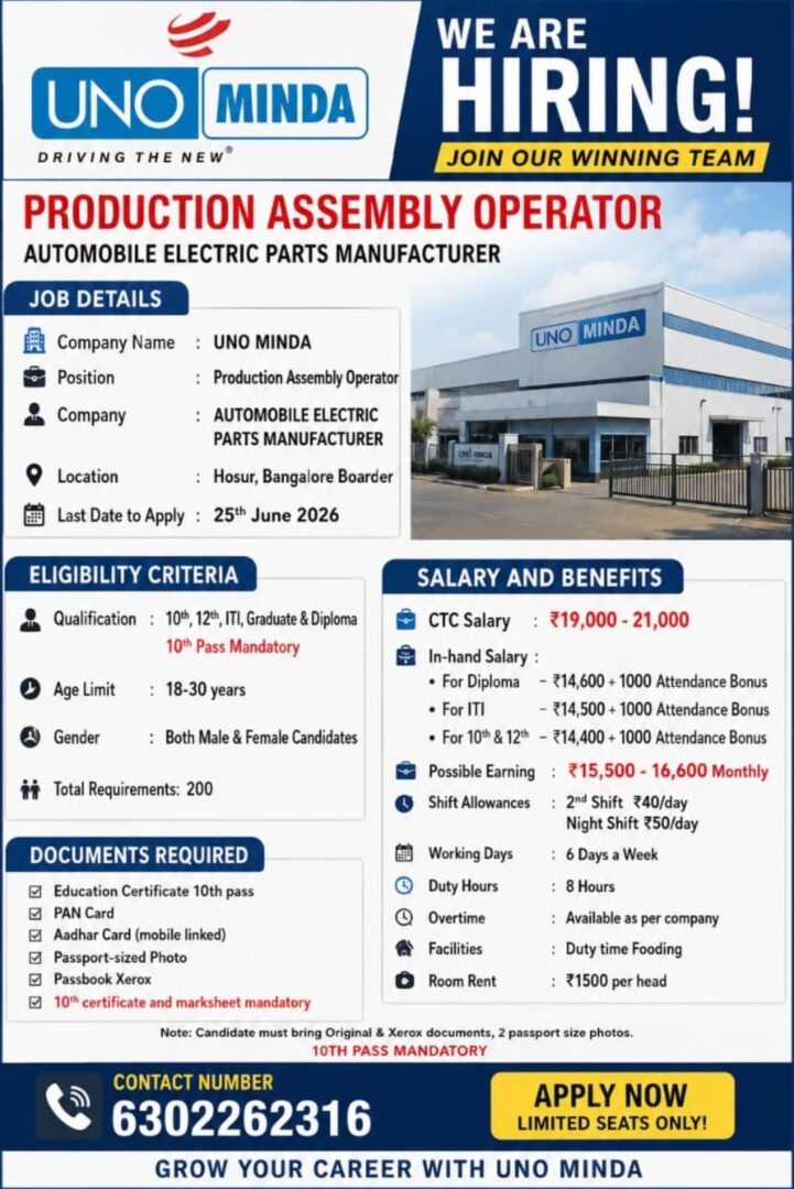 Production Assembly Operator Job in Uno Minda – Hosur (Bangalore Border)