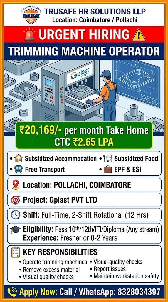 Trimming Machine Operator Jobs in Pollachi, Coimbatore | Freshers Hiring 2026