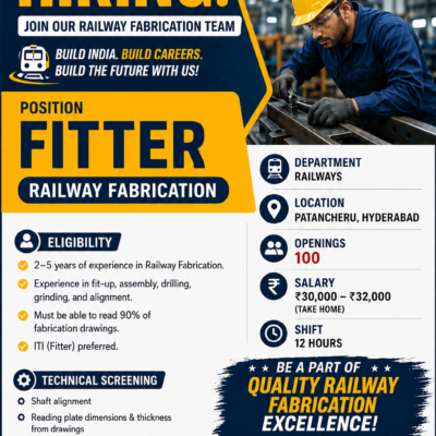 Fitter Jobs in Patancheru Hyderabad | Railway Fabrication Jobs | Salary ₹32,000