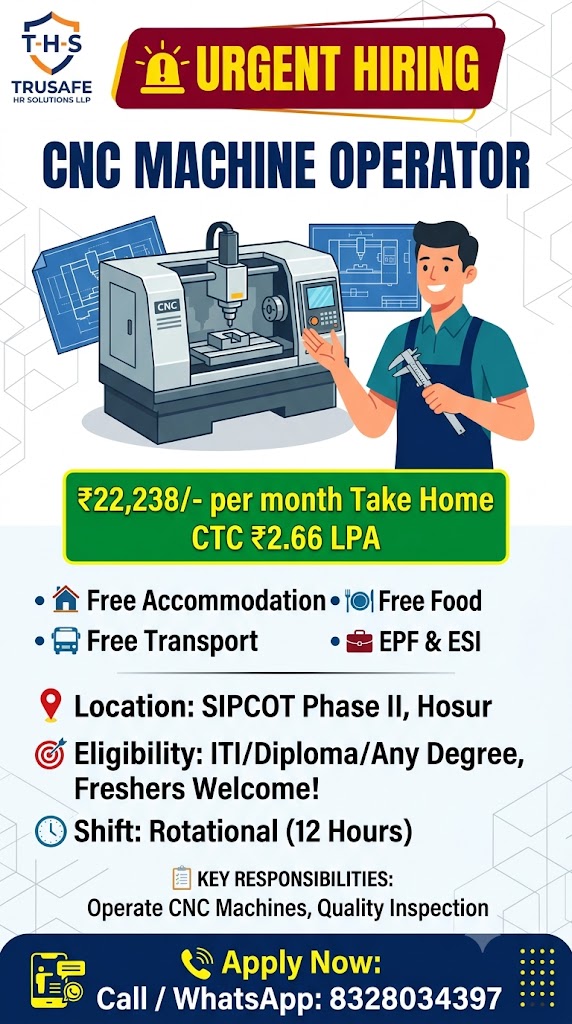 CNC Operator Jobs in Hosur 2026 | Freshers Hiring | Free Food & Accommodation