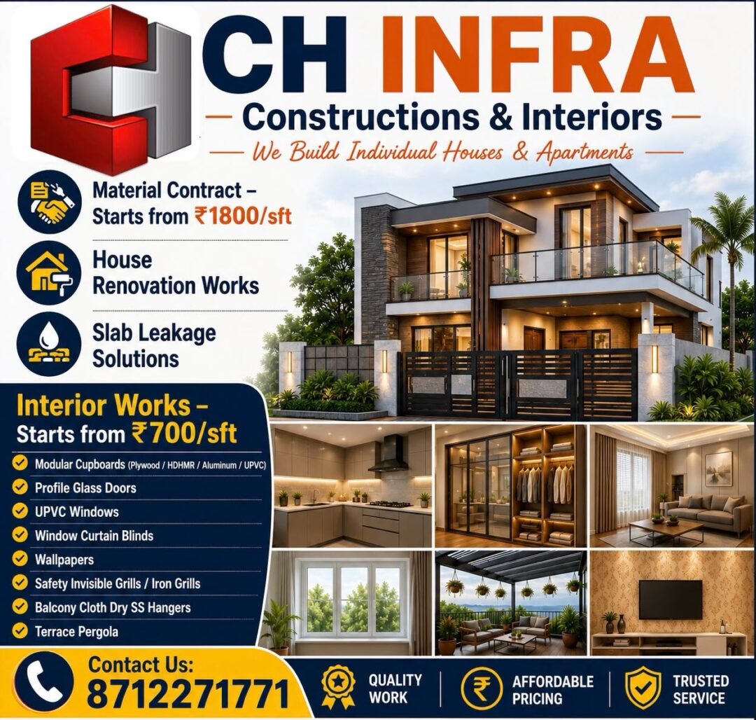 ✨ We Construct Individual Houses & Apartments -Material Contract - Starts from 1800rs/sft, 2000rs/sft, 2300rs/sft -House Renovation Works -Slab Leakage Works 📞 For more details: 8712271771 🎨 We Do Interior Works - Starts from ₹700/sft -Modular Cupboard