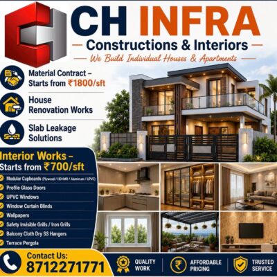 ✨ We Construct Individual Houses & Apartments -Material Contract - Starts from 1800rs/sft, 2000rs/sft, 2300rs/sft -House Renovation Works -Slab Leakage Works 📞 For more details: 8712271771 🎨 We Do Interior Works - Starts from ₹700/sft -Modular Cupboard