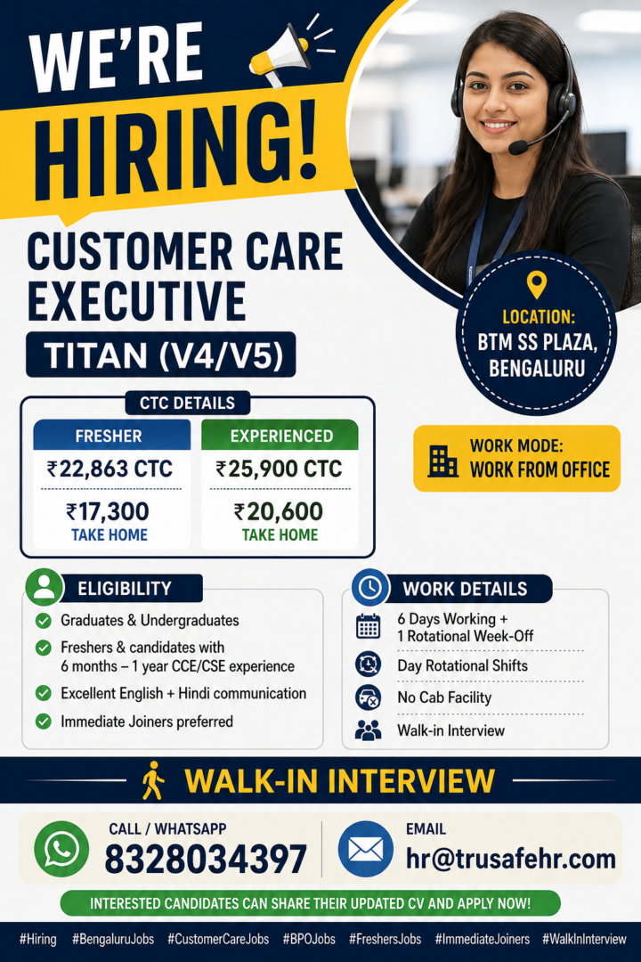 Customer Care Executive Jobs in Bengaluru – Titan Hiring Freshers & Experienced