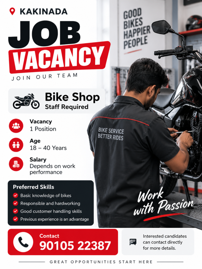 Bike Shop Jobs in Kakinada | 1 Vacancy | Salary Based on Work