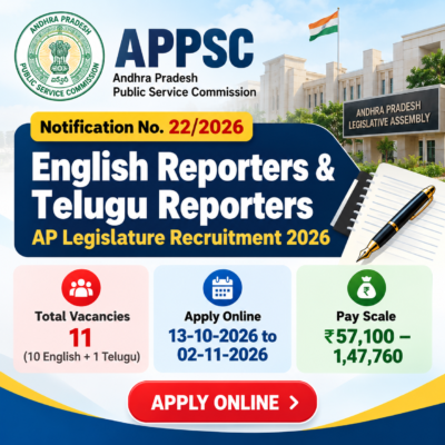 APPSC English Reporters & Telugu Reporters – AP Legislature Recruitment 2026 – Notification 22/2026