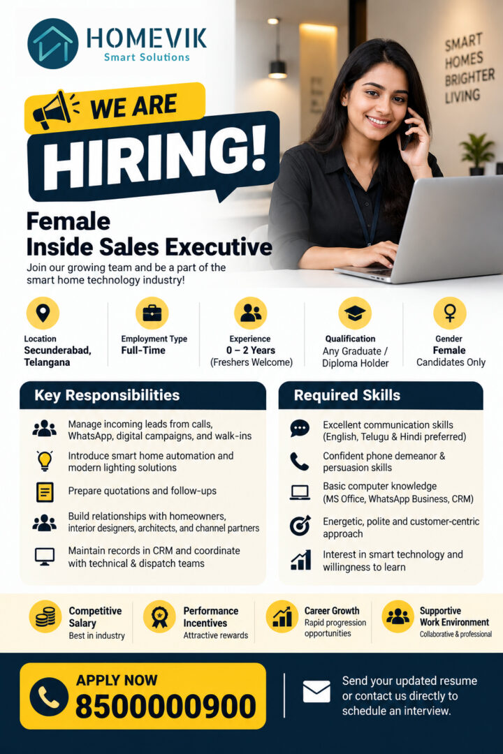 Female Inside Sales Executive Jobs in Secunderabad | Homevik
