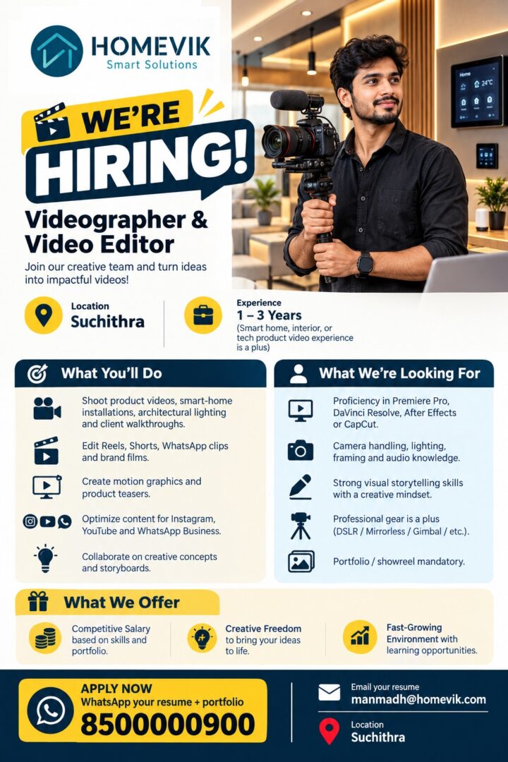 Videographer & Video Editor Jobs in Suchitra, Hyderabad – Homevik Smart Solutions